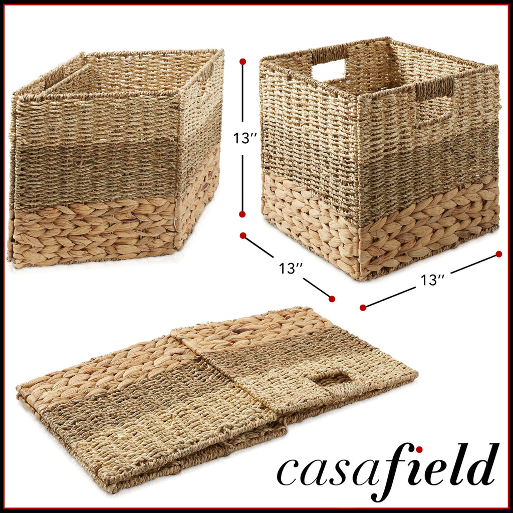 13" x 13" Water Hyacinth Storage Baskets, Natural - Set of 2 Collapsible Cube Organizers, Woven Bins for Bathroom, Bedroom, Laundry, Pantry, Shelves