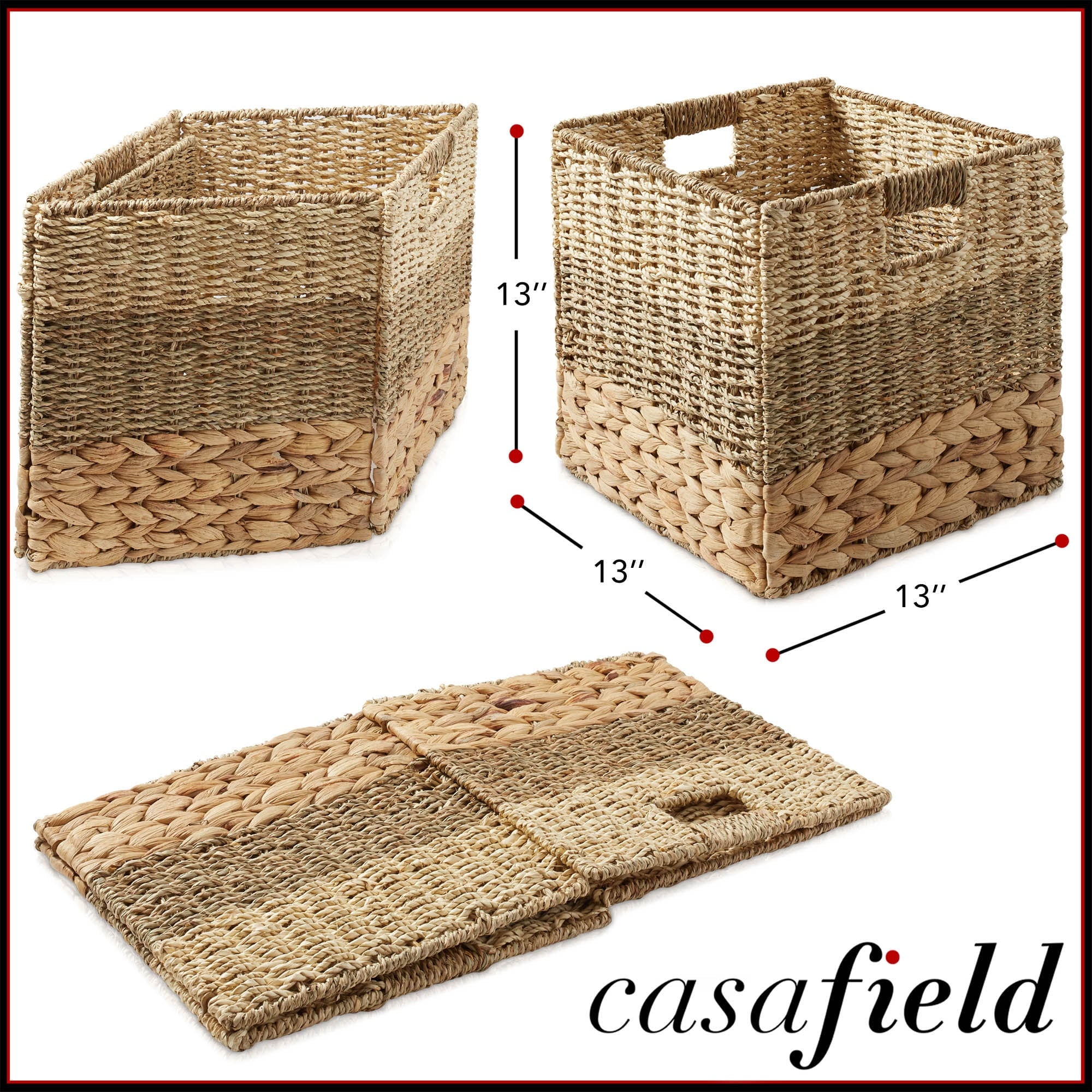 13" x 13" Water Hyacinth Storage Baskets, Natural - Set of 2 Collapsible Cube Organizers, Woven Bins for Bathroom, Bedroom, Laundry, Pantry, Shelves