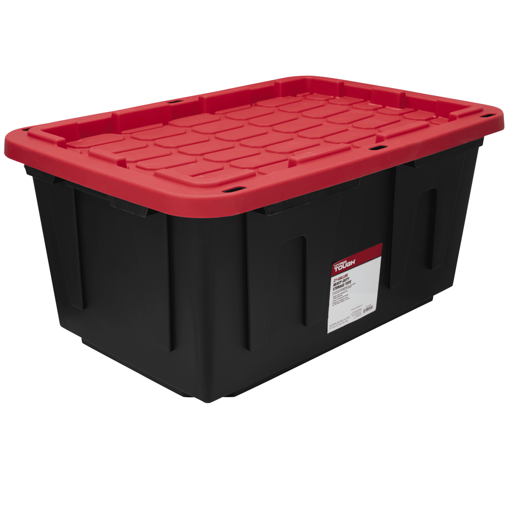 27 Gallon Large Storage Bin with Snap Lid, Black and Red, Heavy Duty Plastic Storage Container