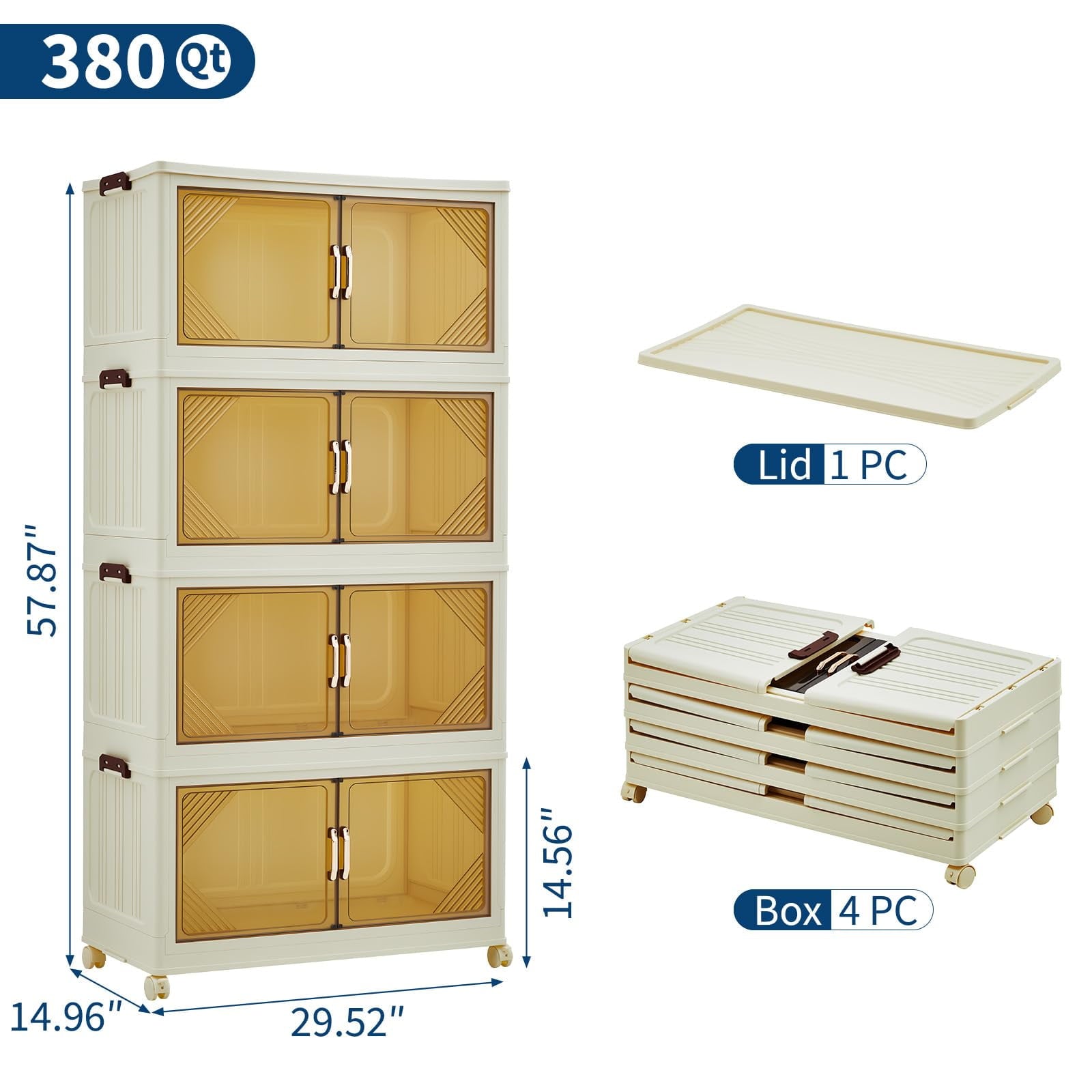 3 Tier Plastic Storage Bins with Lid 48QT, Storage Containers with Wheels, Folding Storage Boxes, with Magnetic Doors for Home,Office, Dorm Room