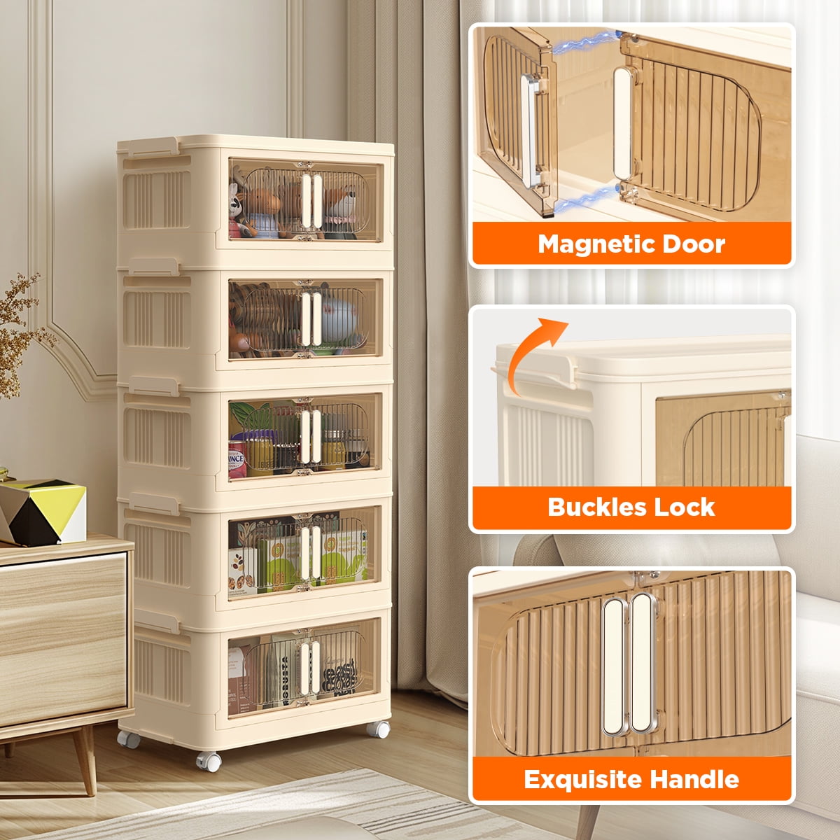 5 Tiers Storage Bins with Wheels, Magnetic Dual Open Collapsible Storage Container with Lids, 125QT Folding Storage Box Bins for Closet Organizers, Home and Office, Beige