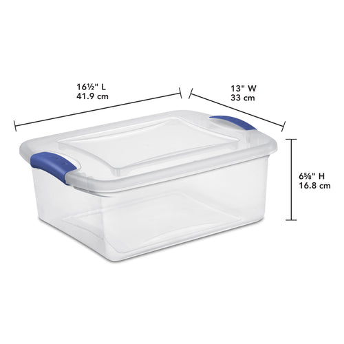 15 Quart Small Latching Storage Bin, Clear Plastic Storage Container with Latch Lid, Blue