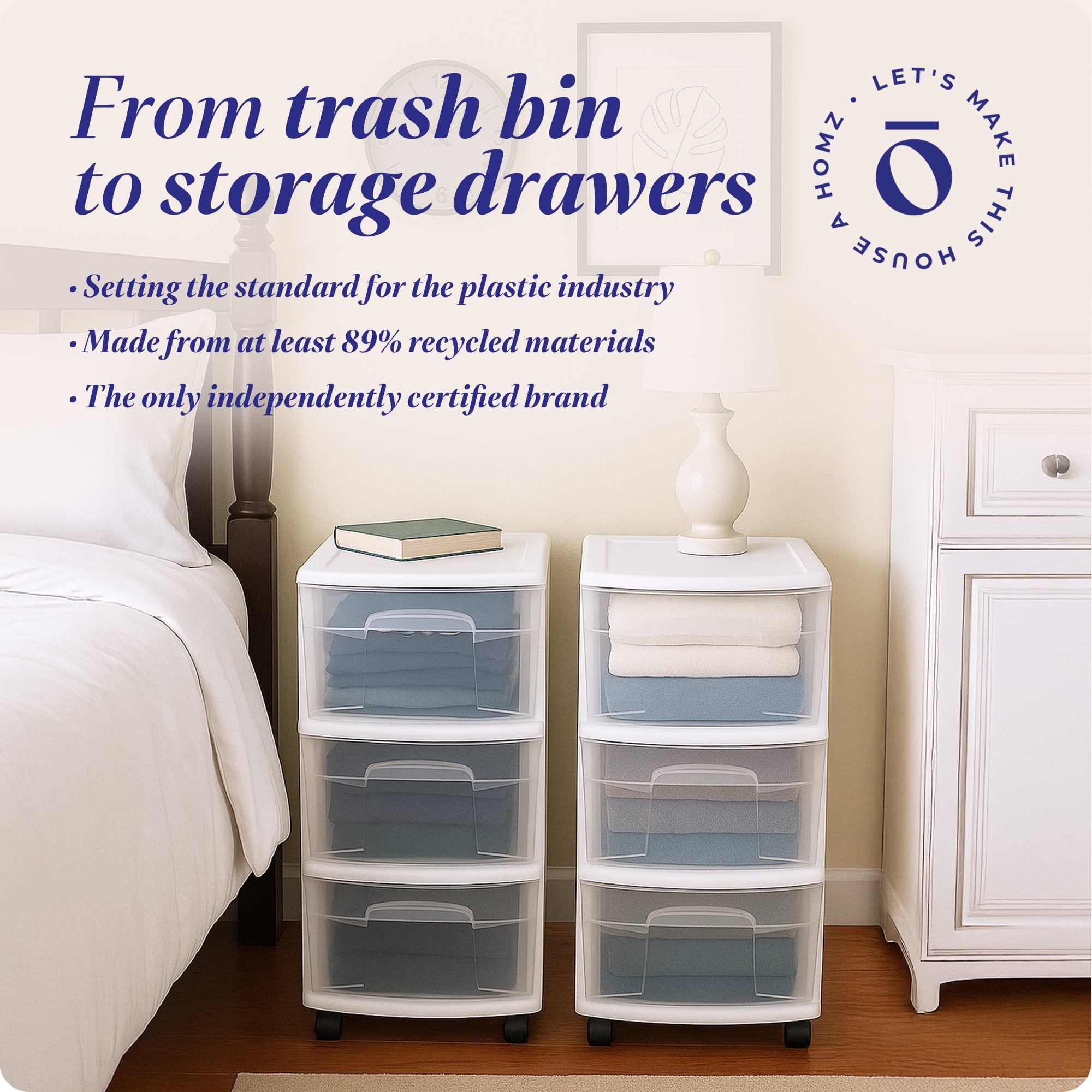 Drawer Tower, 3-Tier Clear Plastic Rolling Storage Cart, Removable Wheels, White
