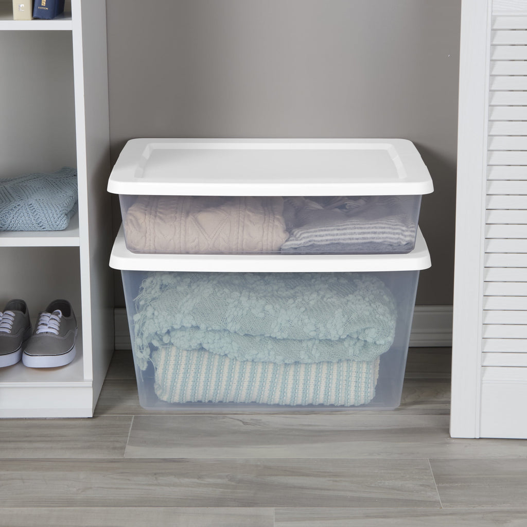 58 Quart Medium Storage Bin, Clear Plastic Storage Container with Snap-On Lid, White