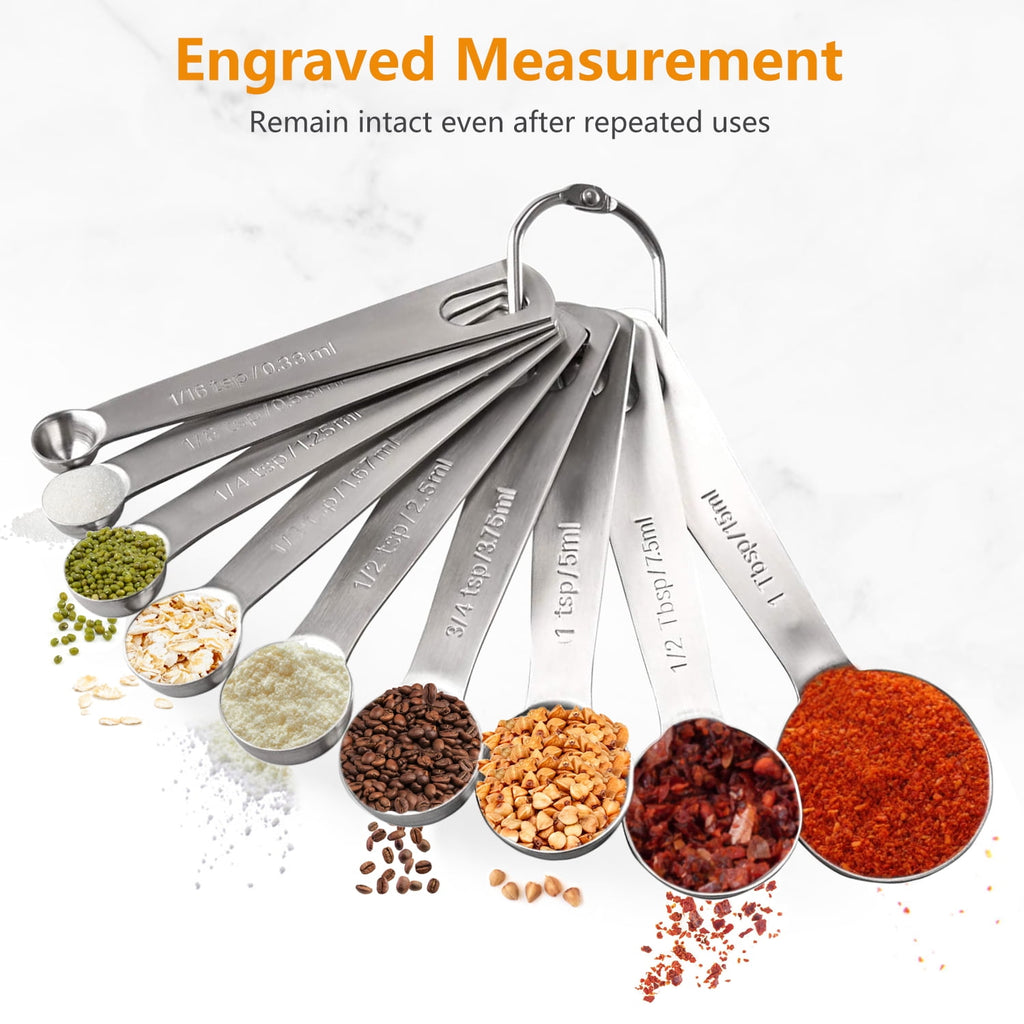 Stainless Steel Measuring Spoons Set of 9 Piece - Accurate Measurement for Cooking and Baking - and Rust-Resistant Kitchen Tools