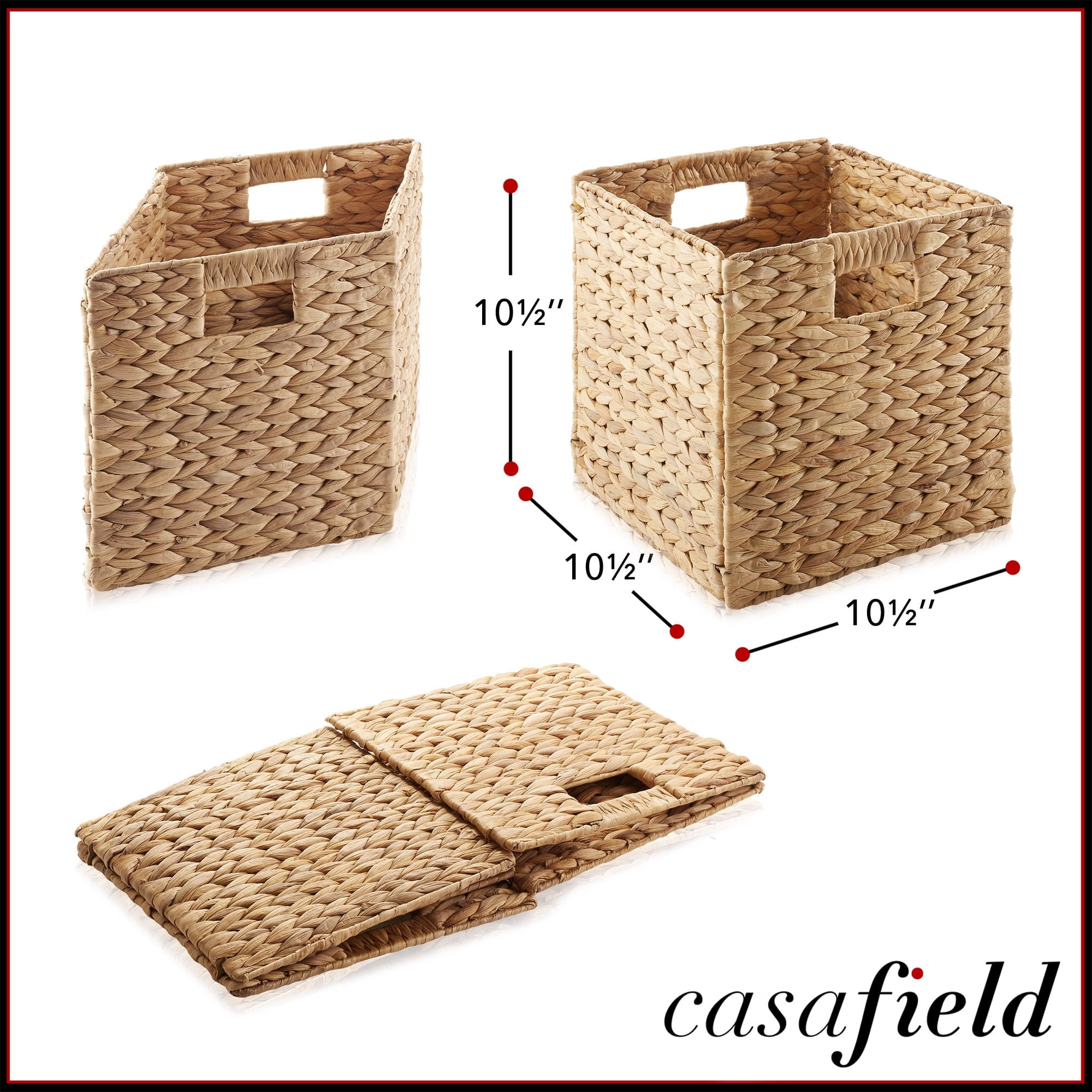 10.5" x 10.5" Water Hyacinth Storage Baskets, Natural - Set of 2 Collapsible Cube Organizers, Woven Bins for Bathroom, Bedroom, Laundry, Pantry, Shelves