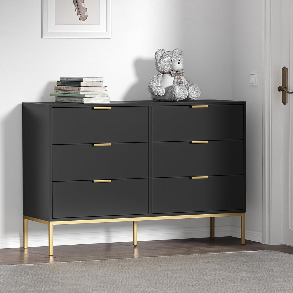 Black Dresser for Bedroom, Modern 6 Drawer Dresser, Chest of Drawers Closet Organizers and Wood Storage Clothes, White Dresser with Golden Handles for Living Room, Hallway