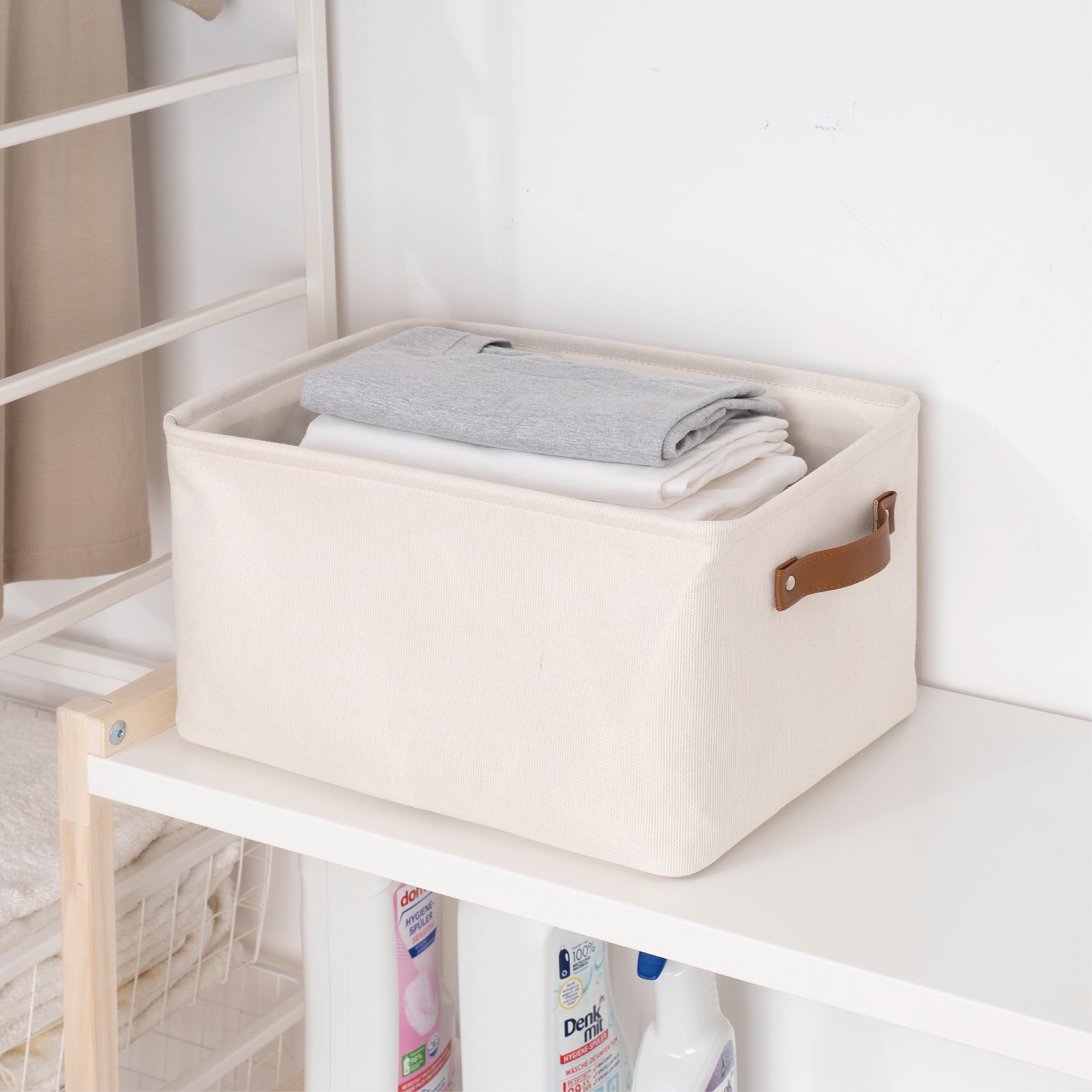 Natural Canvas Fabric Decorative Storage Basket with Handles, 15 in x 8 in x 11 in