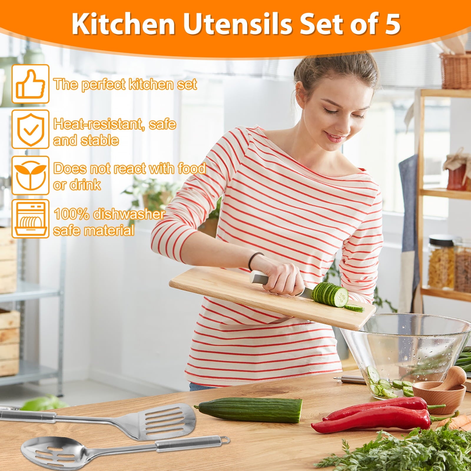 Jetcloudlive 5 Pcs Stainless Steel Utensil Set - Cooking Utensils Set Kitchen Gadgets Tools Set Spoons Spatula Sets with Handle Hanging Hole