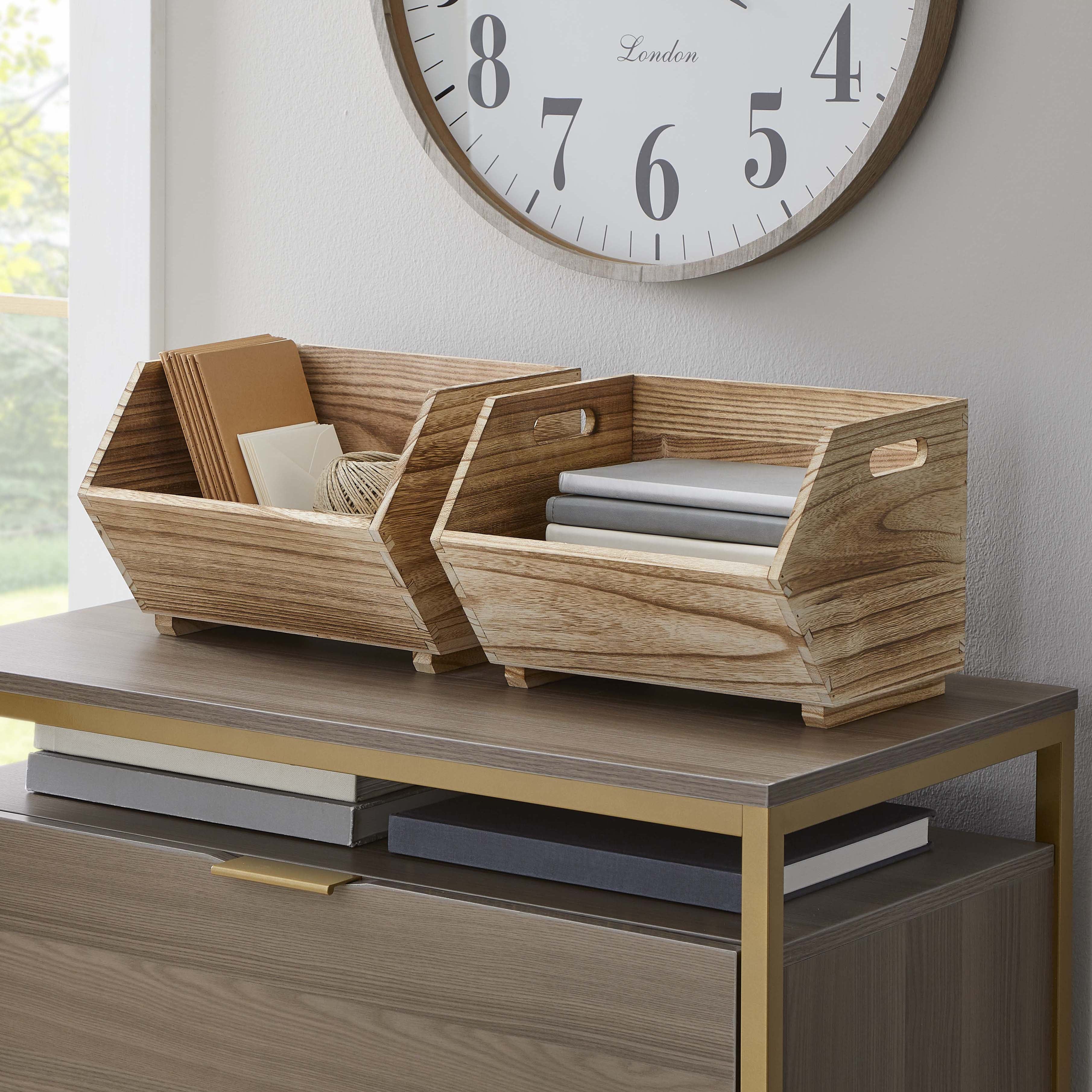 Better Homes &amp; Gardens 2-Piece Set Natural Wood Stacking Open Front Decorative Storage Bins, 11 in x 16.5 in x 10 in
