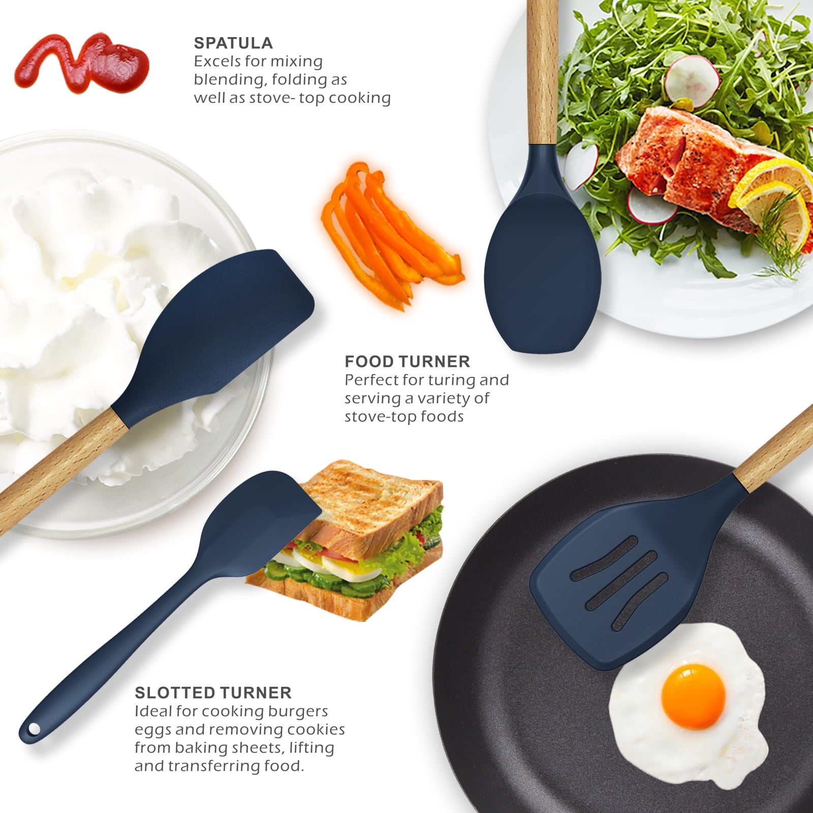 Silicone Cooking Utensils Set - 446°F Silicone Kitchen Utensils for Cooking,Kitchen Utensil Spatula Set w Wooden Handles and Holder, BPA FREE Gadgets for Non-Stick Cookware (Navy Blue)
