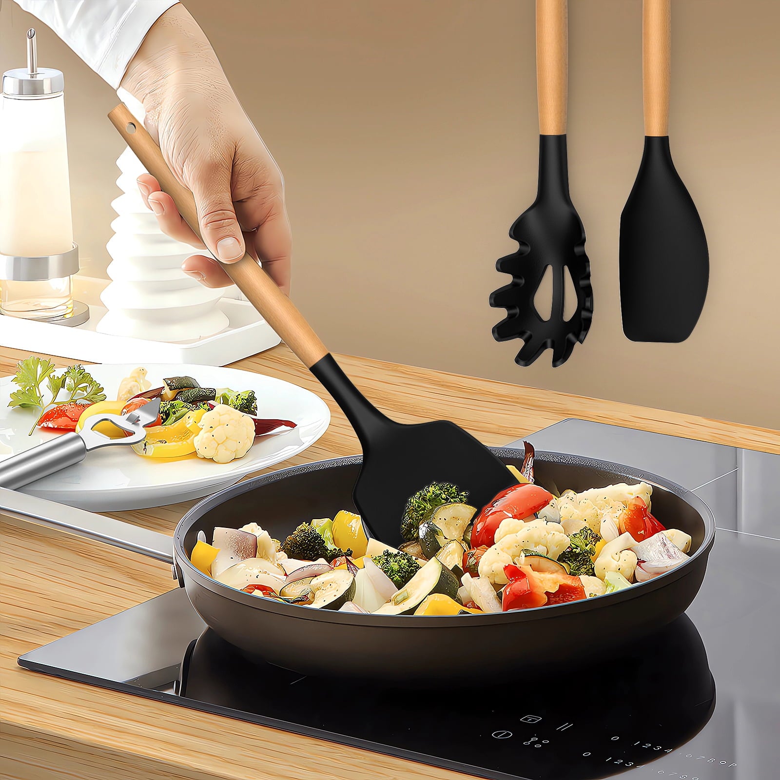 Kitchen Cooking Utensils Set, 33 pcs Non-stick Silicone Cooking Kitchen Utensils Spatula Set with Holder, Wooden Handle Silicone Kitchen Gadgets Utensil Set (Cream White)