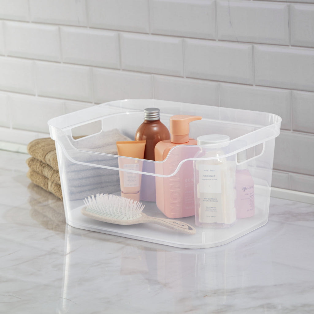 Large Open Bin, Clear Plastic, Easy Access Bin with Scoop Front, Clear