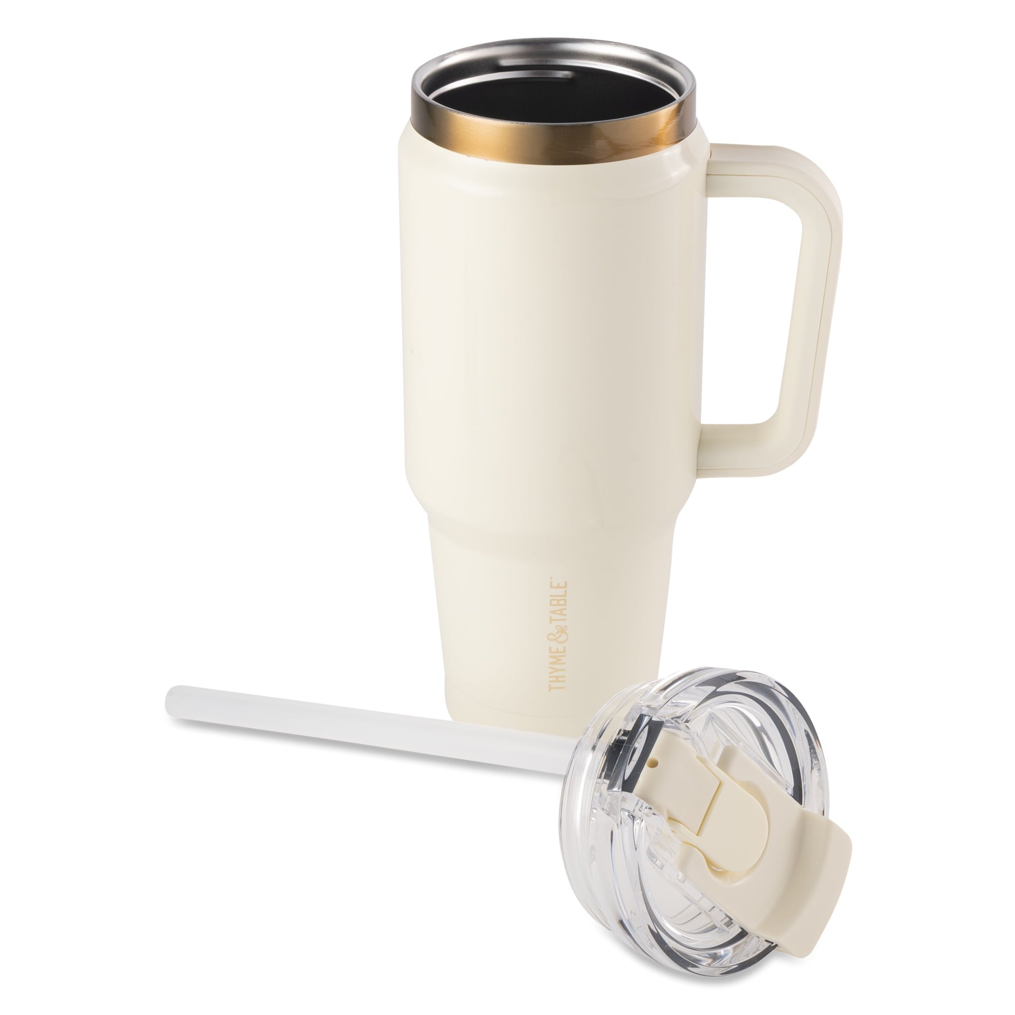 Thyme &amp; Table 32 fl oz Stainless Steel Luna Tumbler with Handle and Dual Straw Lid, Cream &amp; Black Check
