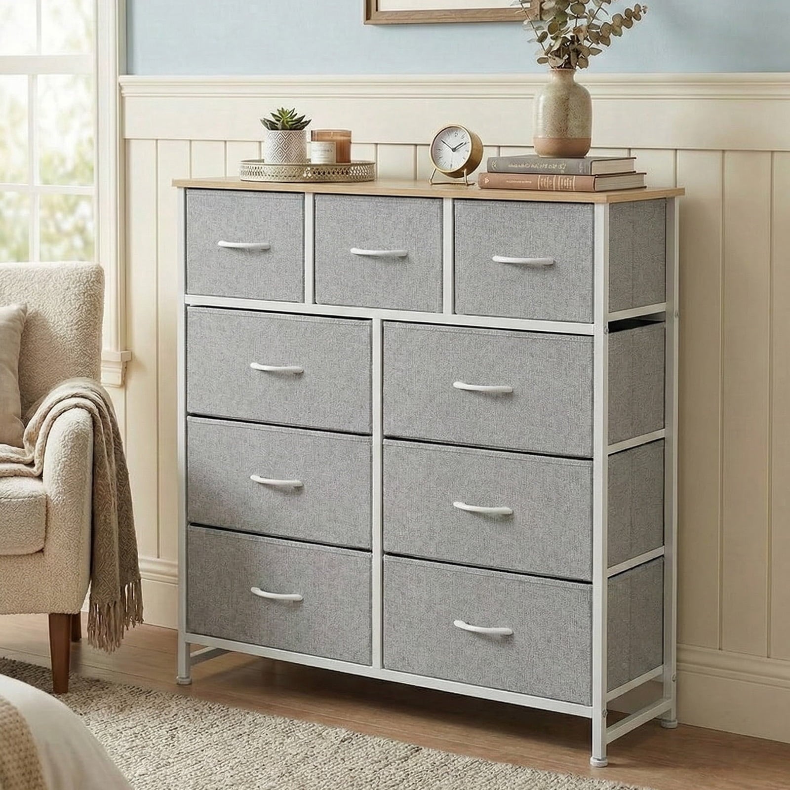 9 Drawers Fabric Dresser for Bedroom, Drawer Organizer Storage Cabinet for Closet, Clothes, TV Stand, Light Gary