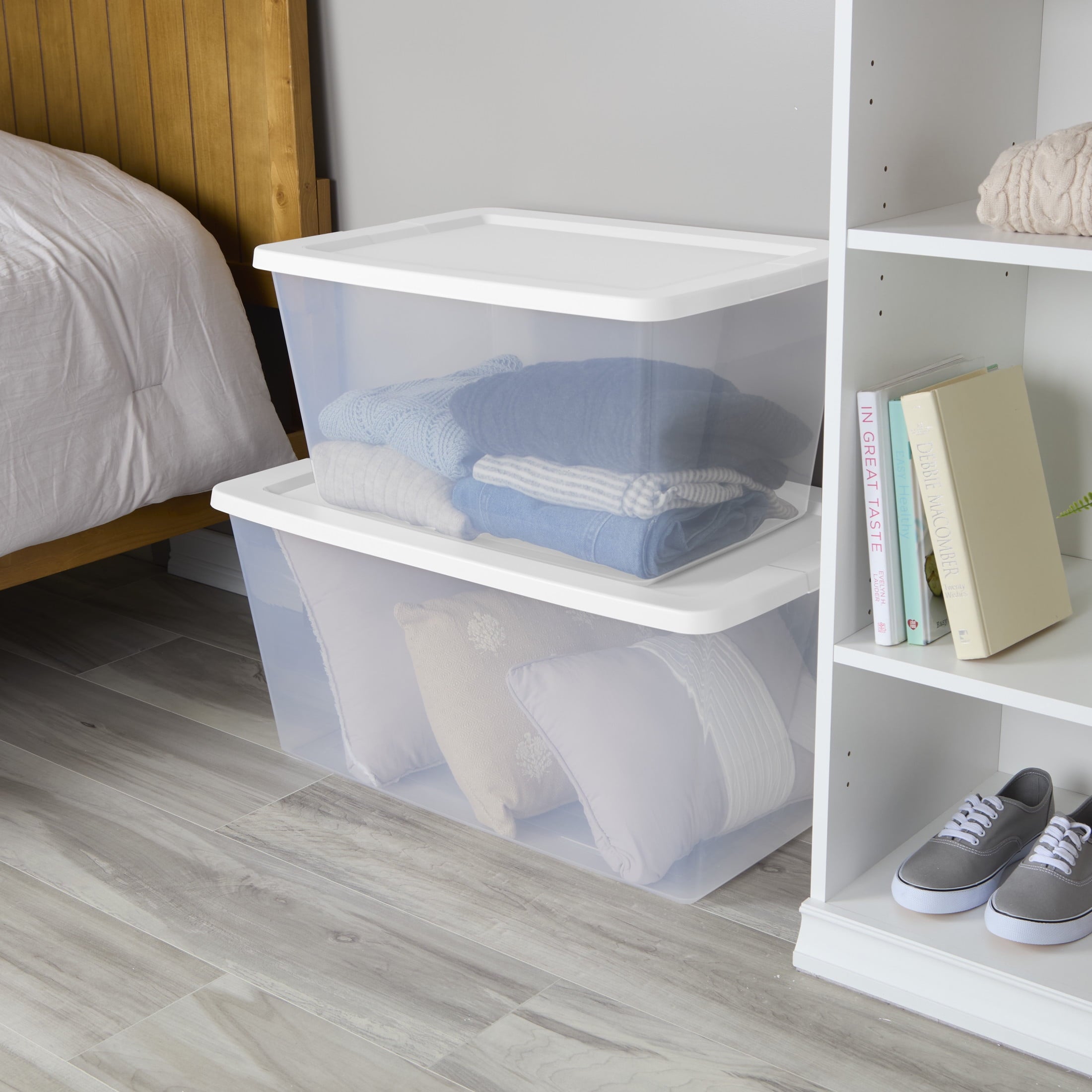 90 Quart Large Storage Bin, Clear Plastic Storage Container with Snap-On Lid, White