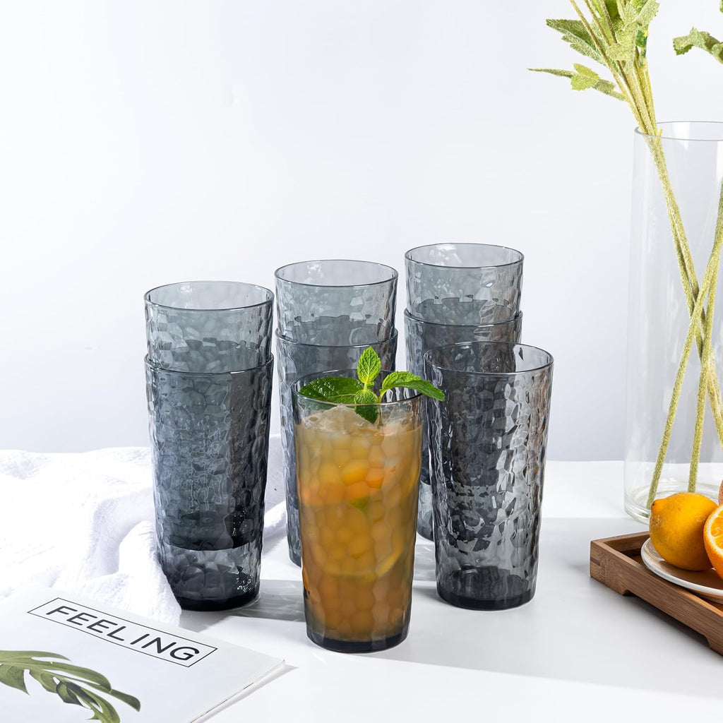 Hammered 24 ounce Plastic Drinking Tumbler Acrylic Glasses, Set of 8 Multicolor