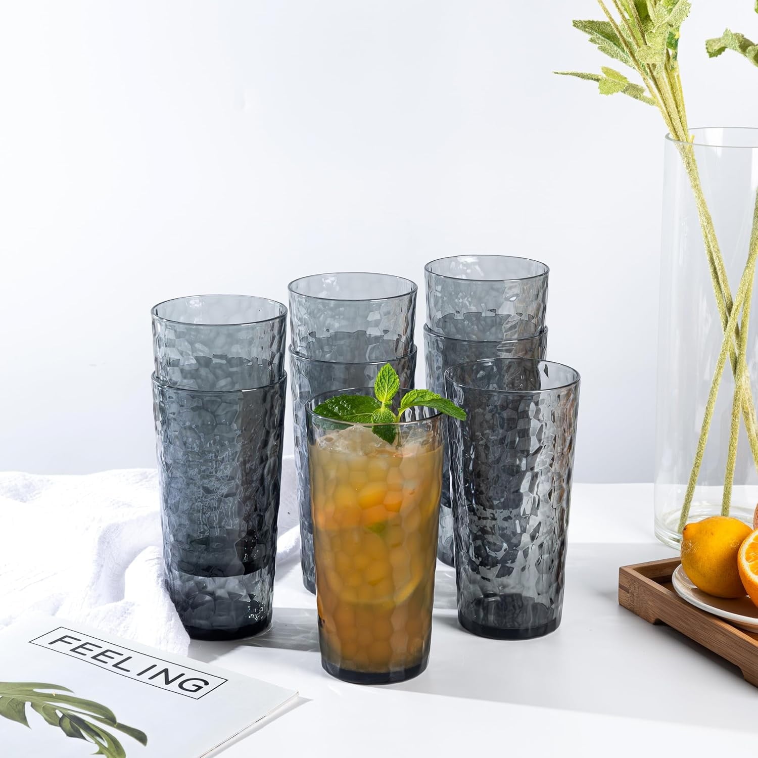 Hammered 24 ounce Plastic Drinking Tumbler Acrylic Glasses, Set of 8 Multicolor