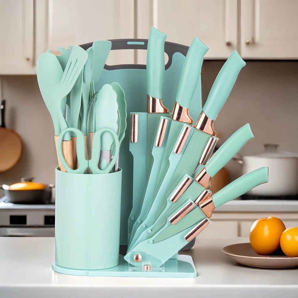 19-Piece Silicone Kitchen Utensil &amp; Knife Set - Heat-Resistant Cooking Tools Non-Stick Safe Gift for Mom or Women Black