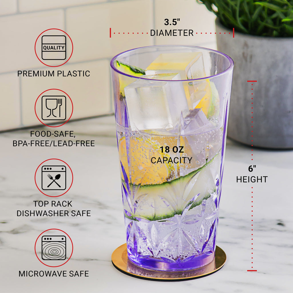 Royal Plastic Drinking Tumbler, Dishwasher-Safe Water Glasses, Mixed Colors Assorted Cups, 18 oz Set of 6