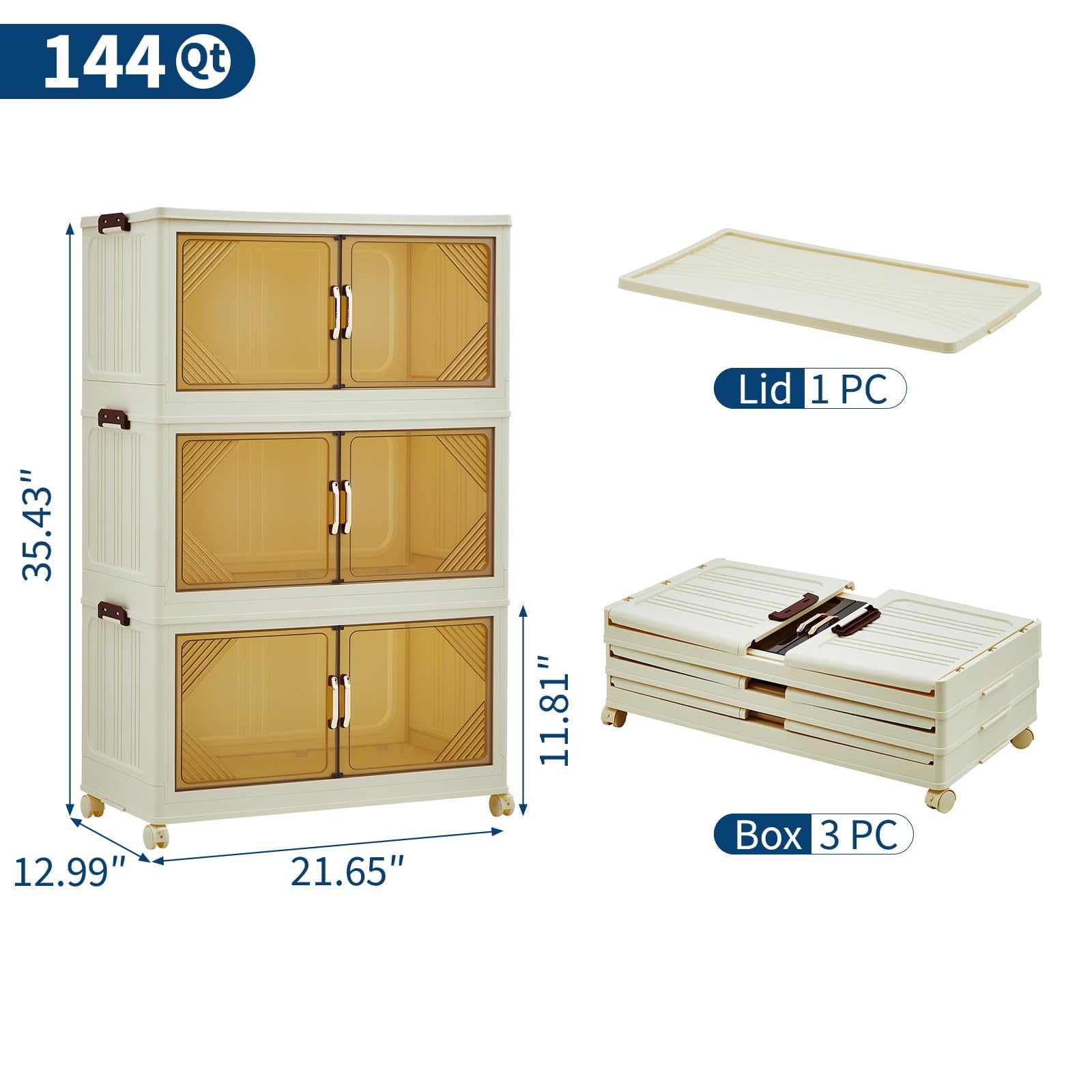 3 Tier Plastic Storage Bins with Lid 48QT, Storage Containers with Wheels, Folding Storage Boxes, with Magnetic Doors for Home,Office, Dorm Room