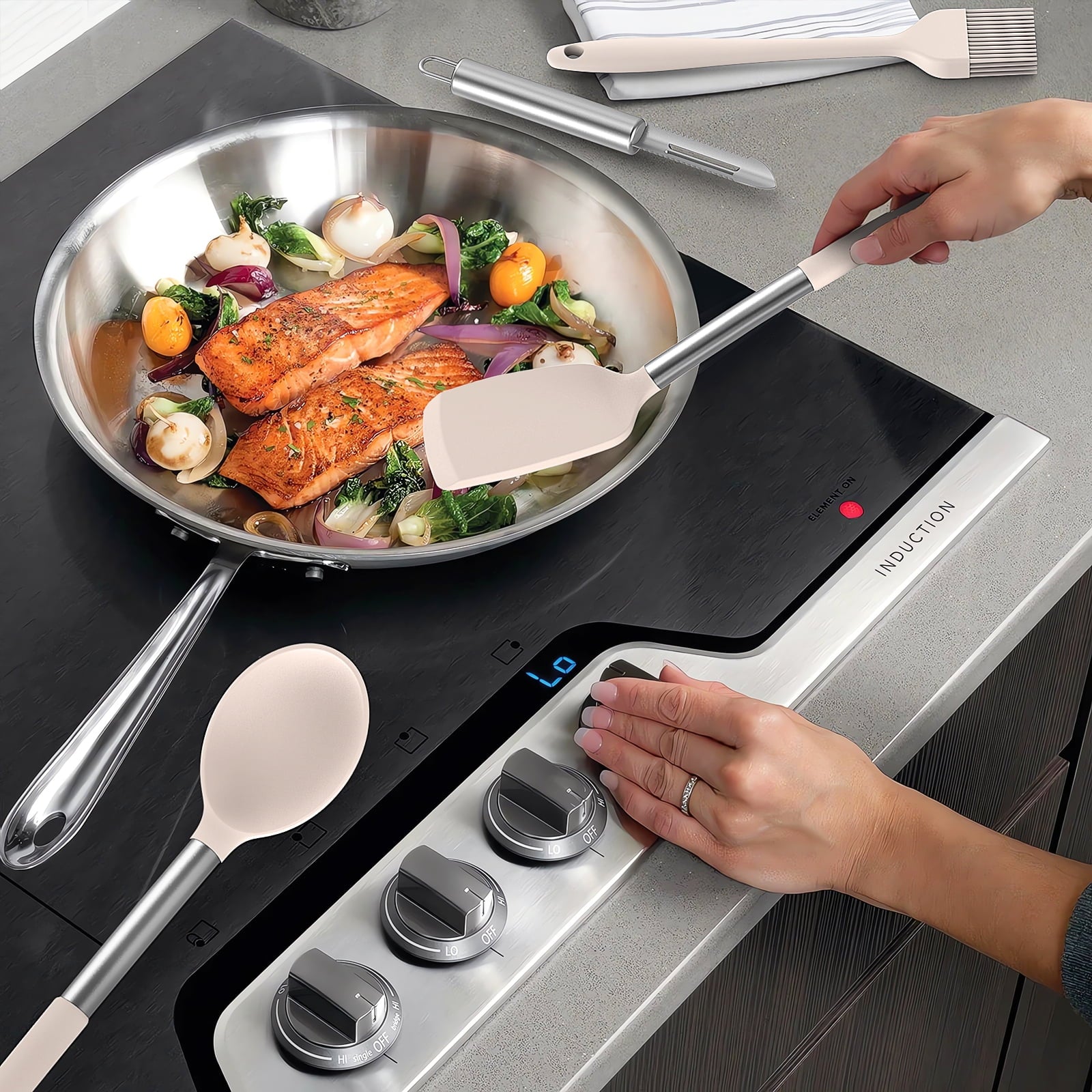 Silicone Cooking Utensils Set - Silicone Kitchen Utensils for Cooking, Kitchen Utensil Spatula Set,BPA FREE Kitchen Gadgets Tools for Non-Stick Cookware (Khaki)