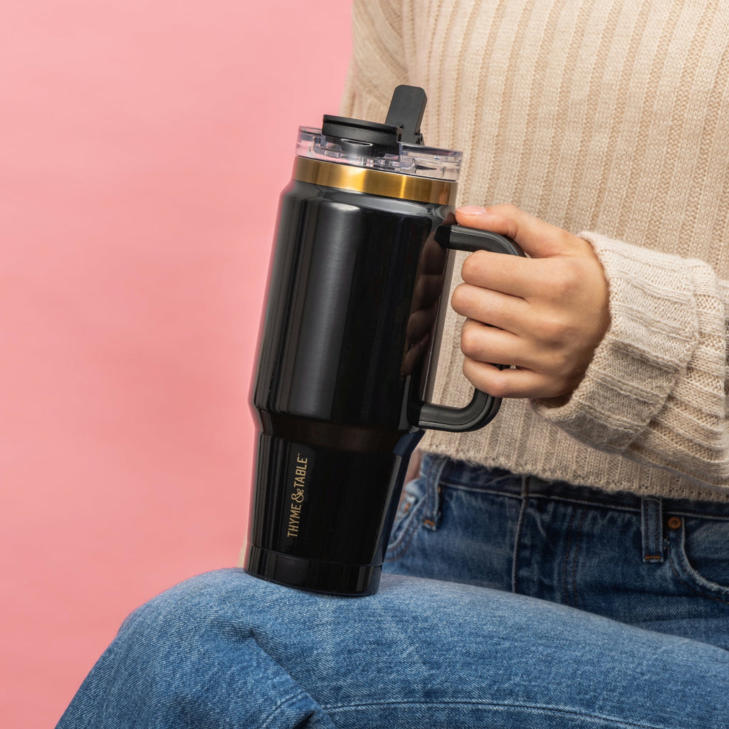 Thyme &amp; Table 32 fl oz Stainless Steel Luna Tumbler with Handle and Dual Straw Lid, Cream &amp; Black Check