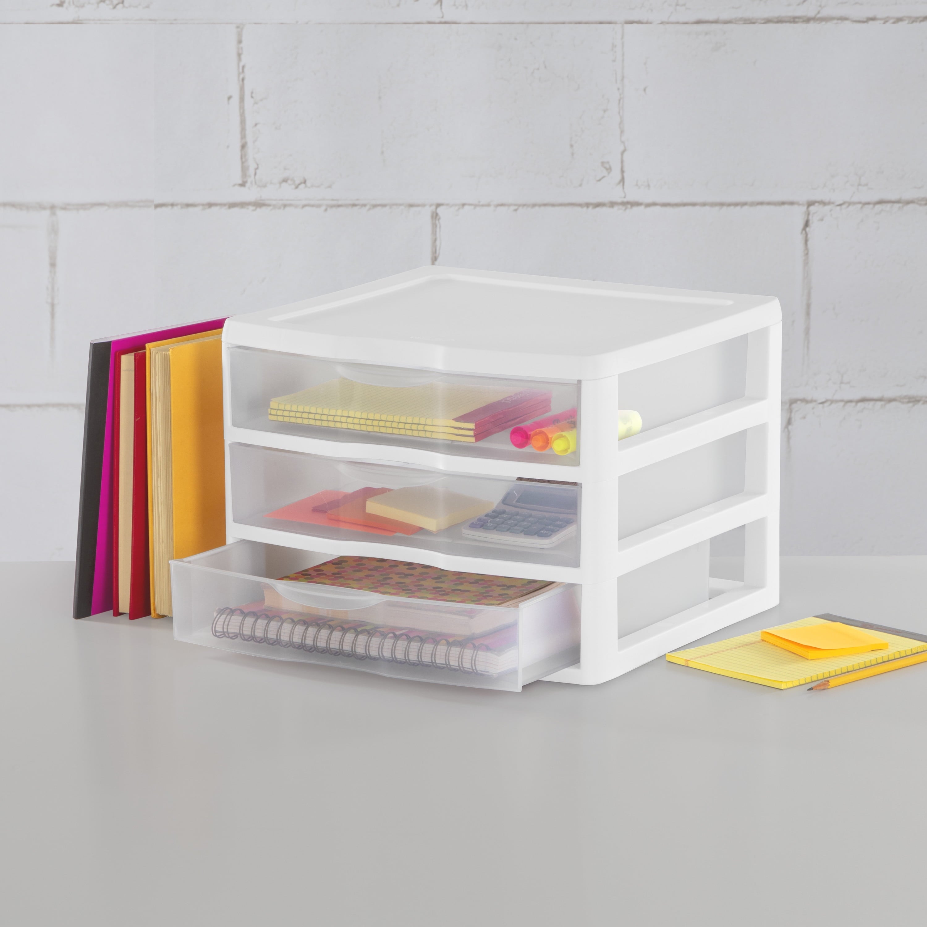 Wide 3 Drawer Unit, Clear Plastic Countertop or Desktop Drawers, White