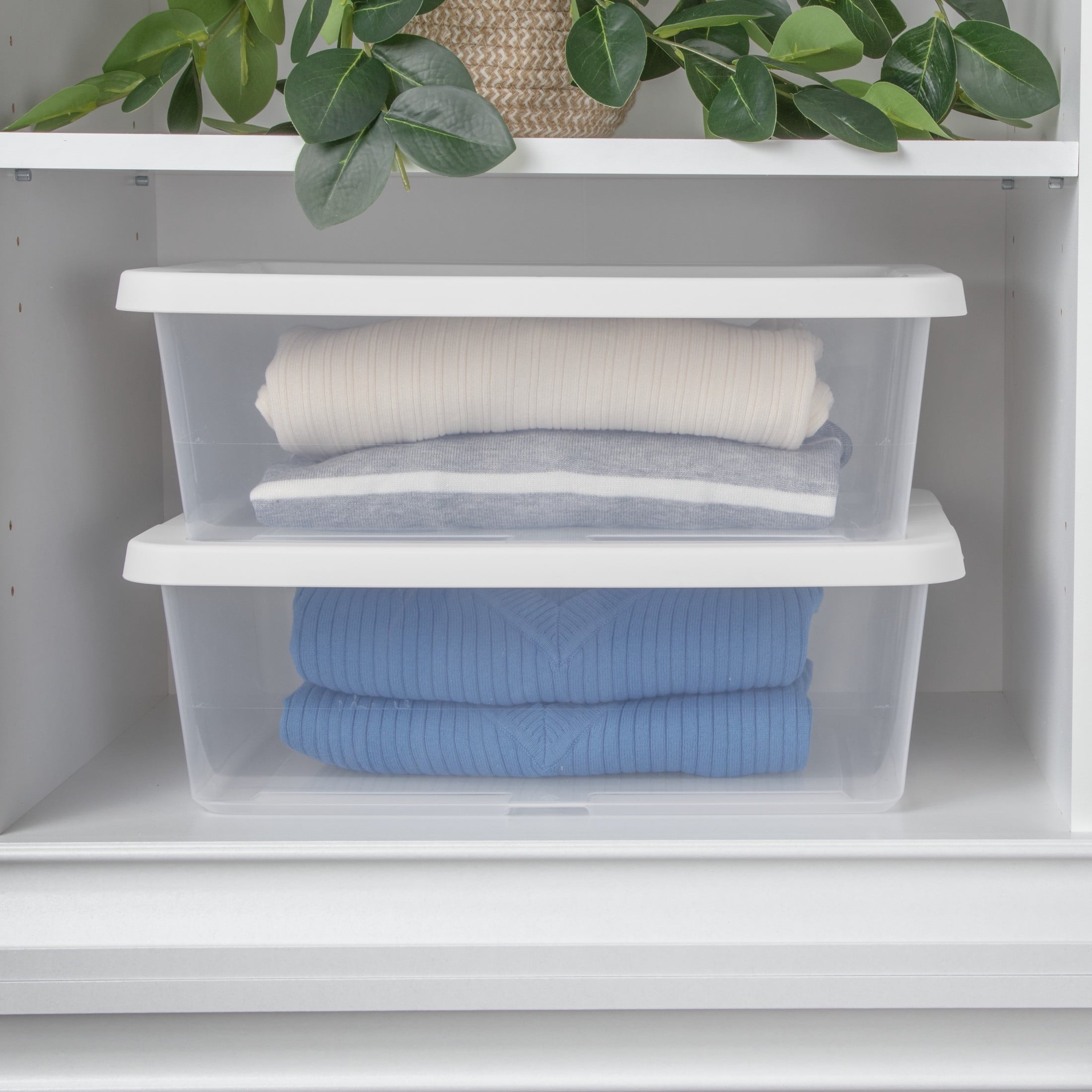 Set of (4) 12 Quart Storage Boxes, Clear Plastic Storage Bins with Snap-on Lid, White, 4 Pack