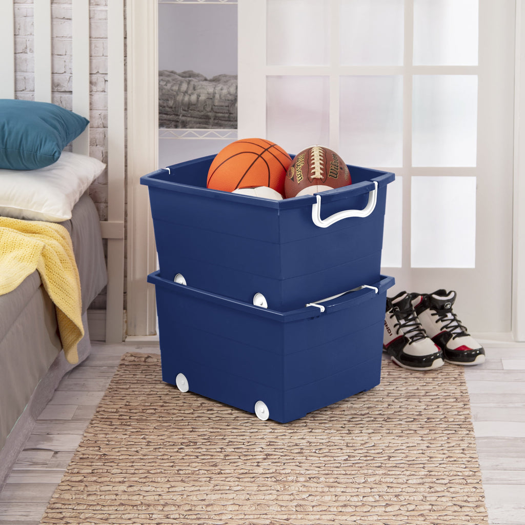 Kids Rolling Toy Storage Bin with Handles, Blue, 22 in x 16 in x 11 in