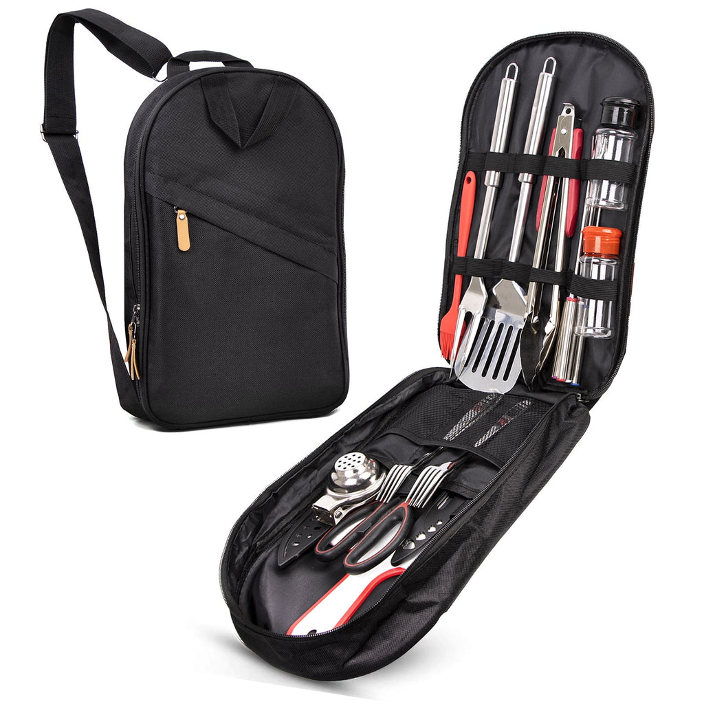 Camp Utensil Set Kitchen Cooking BBQ Grill Tool Kit with Organizer Bag, 12-Piece Travel Kitchen Grill Accessories Compact Gear Cookware Kit for Camping RV Sailboat Backyard BBQ