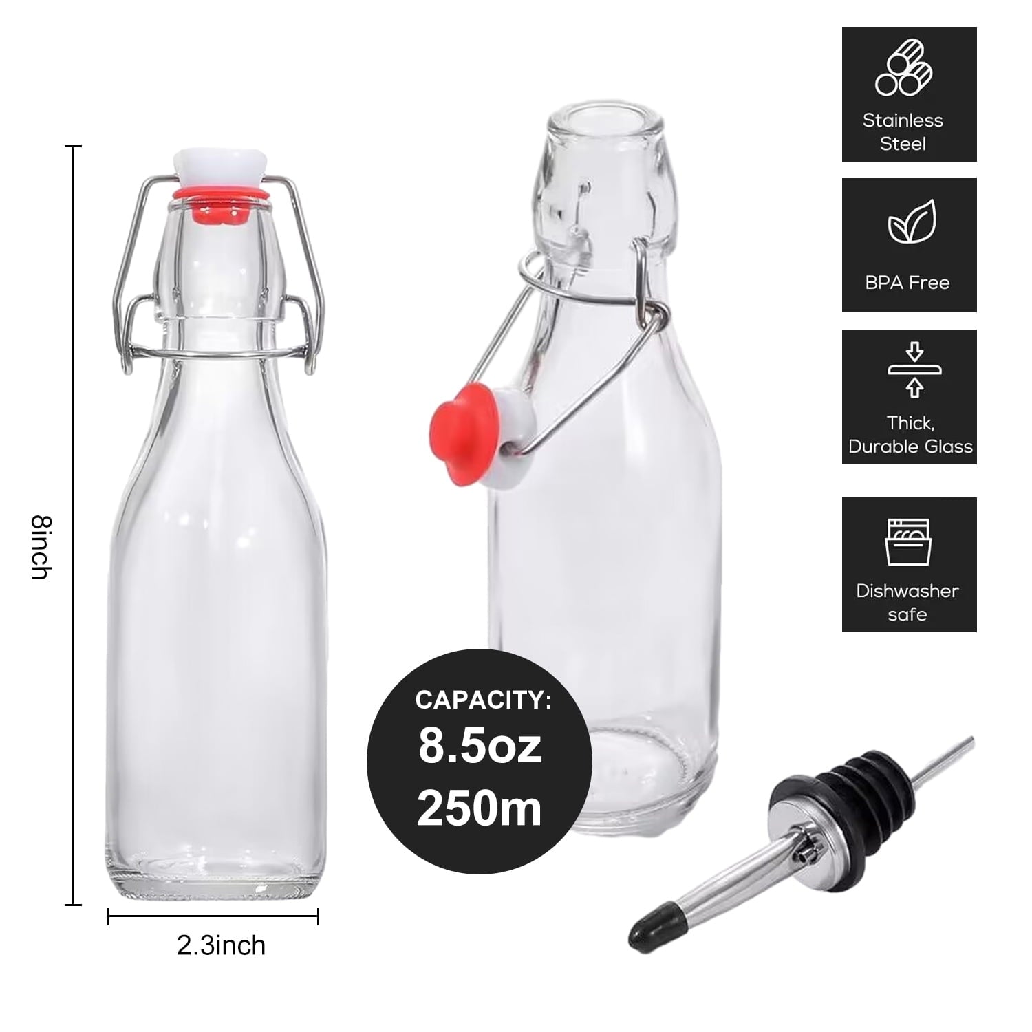 Swing Top Glass Bottles 8 Pack, 8.5 oz Flip Top Beer Brewing Bottle, Airtight Stopper Cap Lid, Bonus 2 Bottle Pourer for 2nd Fermentation, Kombucha, Kefir, Vanilla Extract, Coquito, Juice, Tea