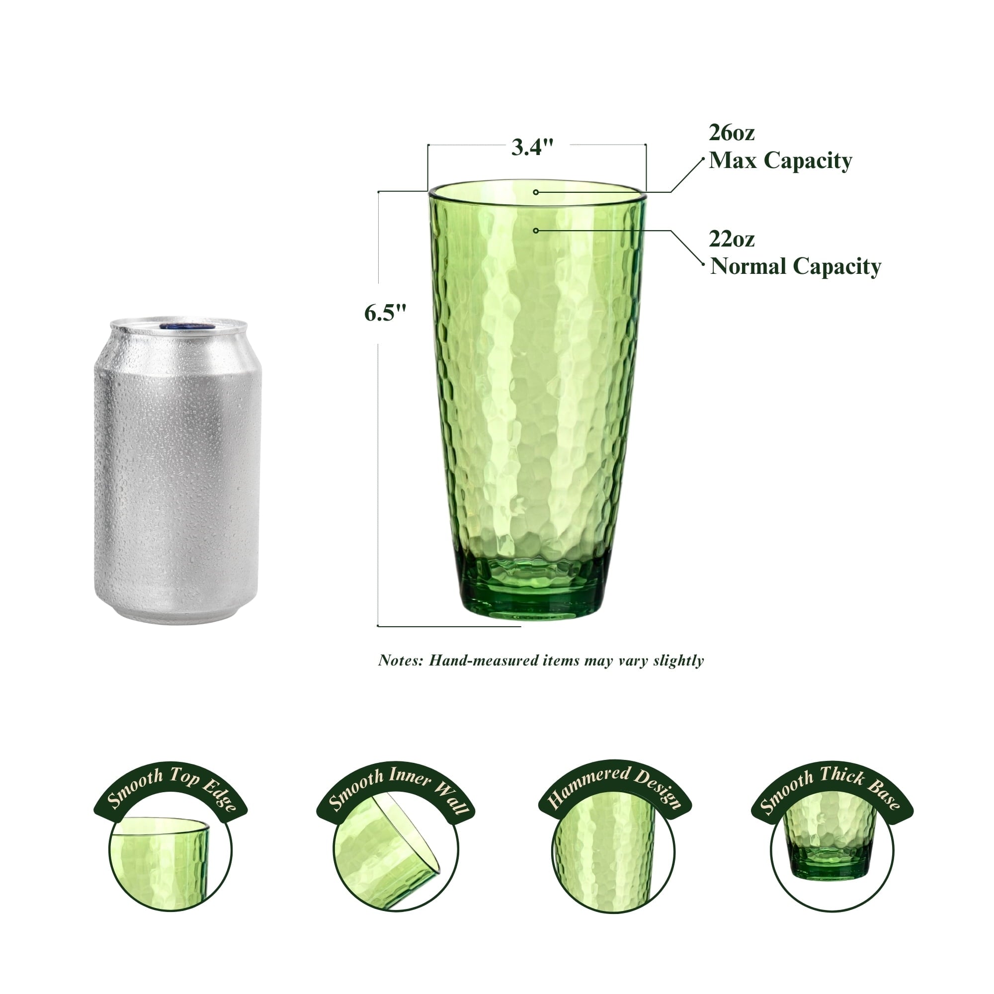 20oz Colorful Acrylic Glasses Drinkware (Set of 6), Hammered Shatter-Proof Plastic Tumblers