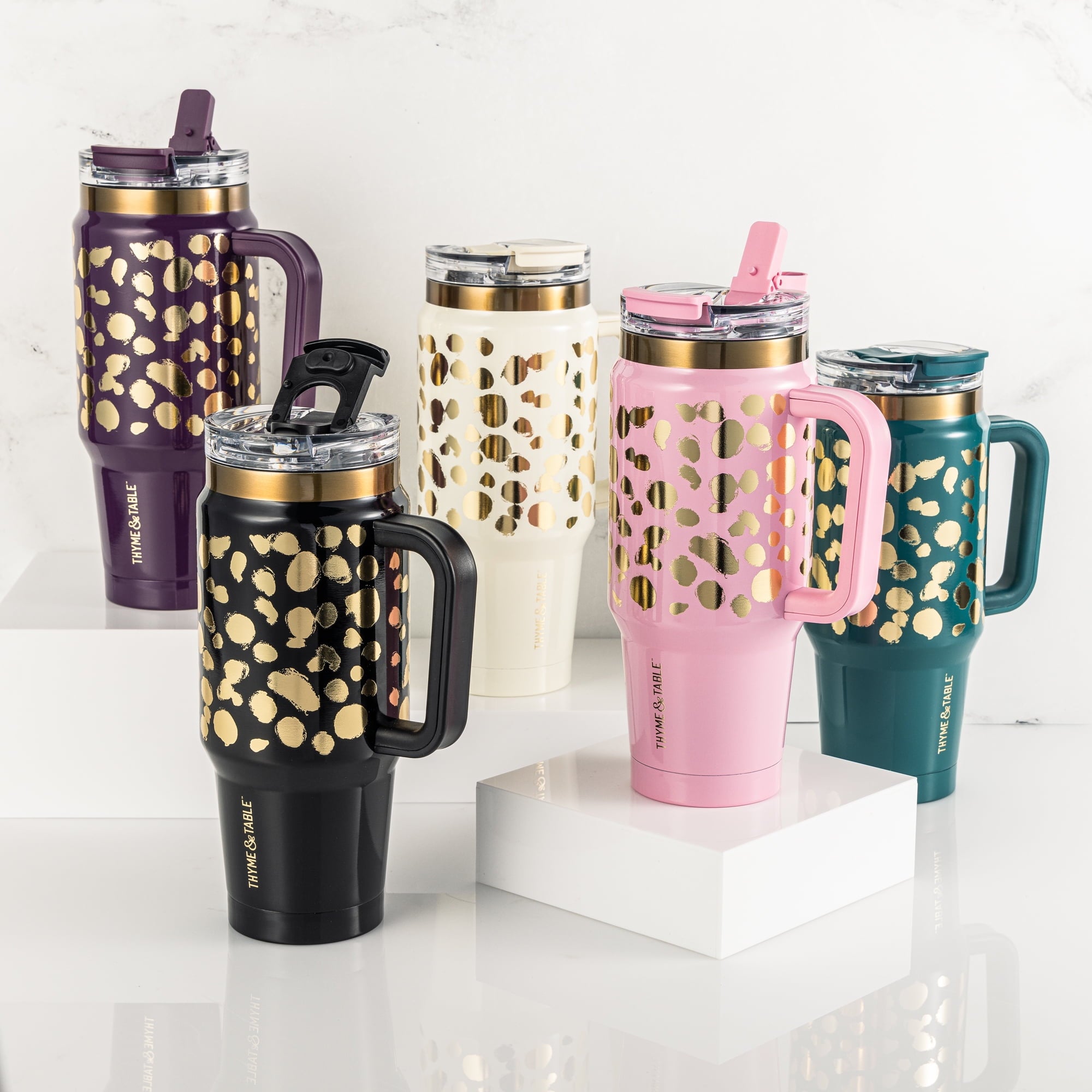 Thyme &amp; Table 32 fl oz Stainless Steel Luna Tumbler with Handle and Dual Straw Lid, Cream &amp; Black Check