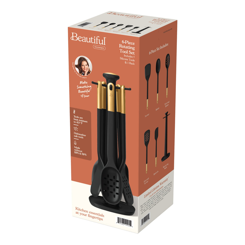 6-Piece Silicone Kitchen Utensil Tool Set with Rotating Rack by Drew Barrymore, Porcini Taupe