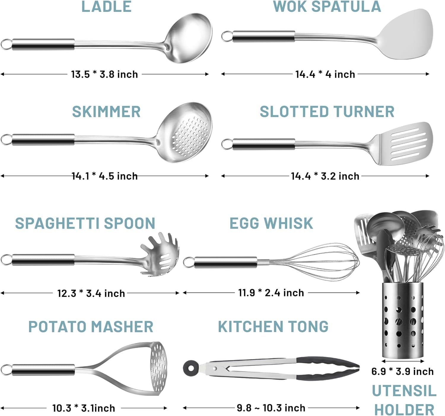 Cooking Utensils Set, 9 Pcs Stainless Steel Kitchen Utensils Set, Kitchen Tools Set, Spatula Sets w Utensil Holder, Wok Spatula,Ladle,Egg Whisk,Non-Stick And ,