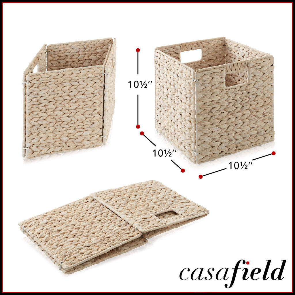 10.5" x 10.5" Water Hyacinth Storage Baskets, Natural - Set of 2 Collapsible Cube Organizers, Woven Bins for Bathroom, Bedroom, Laundry, Pantry, Shelves