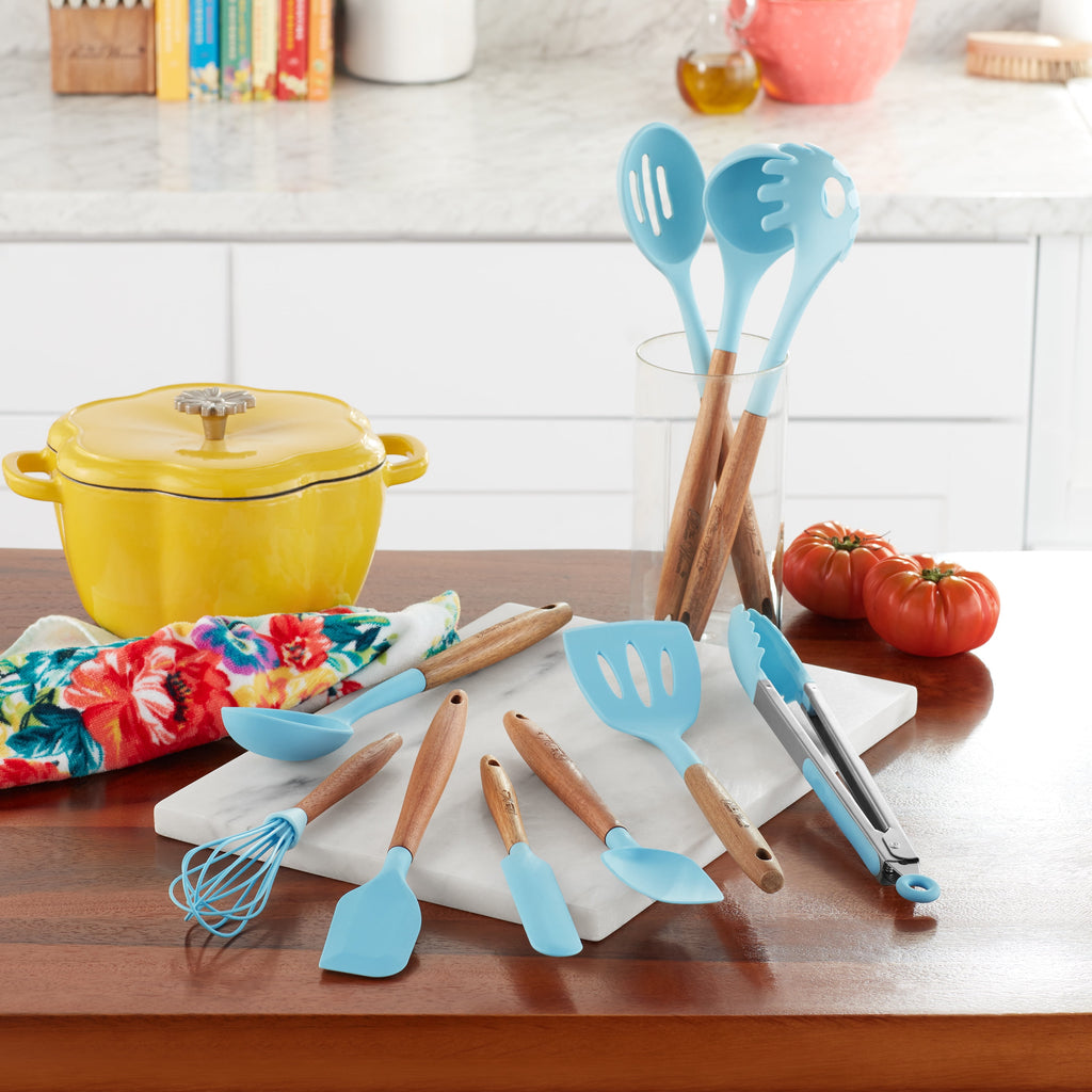 10-Piece Silicone and Acacia Wood Handle Cooking Utensils Set, Blue