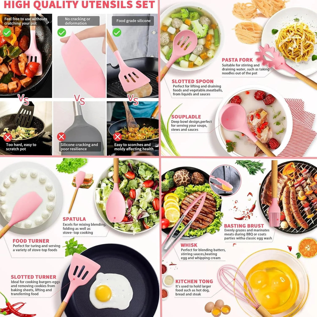 Silicone Cooking Utensils Set, BPA Free Pink Baking Tools Kitchen Knife 19 Pc