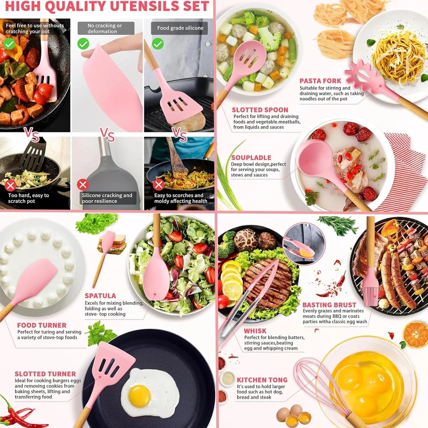 Silicone Cooking Utensils Set, BPA Free Pink Baking Tools Kitchen Knife 19 Pc