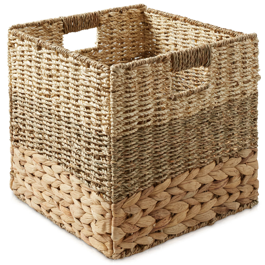 13" x 13" Water Hyacinth Storage Baskets, Natural - Set of 2 Collapsible Cube Organizers, Woven Bins for Bathroom, Bedroom, Laundry, Pantry, Shelves