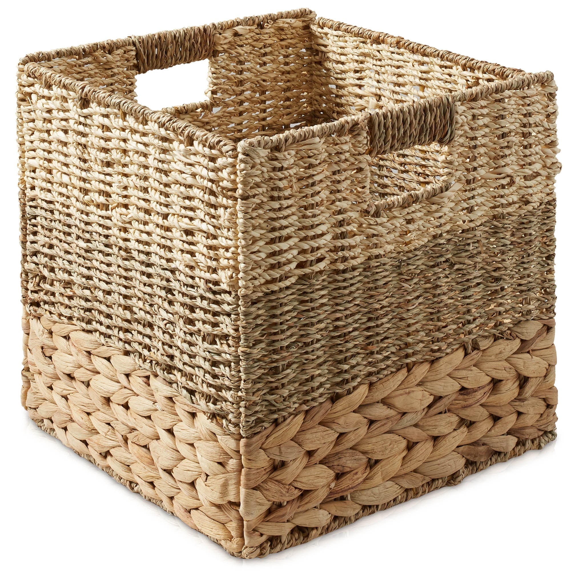 13" x 13" Water Hyacinth Storage Baskets, Natural - Set of 2 Collapsible Cube Organizers, Woven Bins for Bathroom, Bedroom, Laundry, Pantry, Shelves