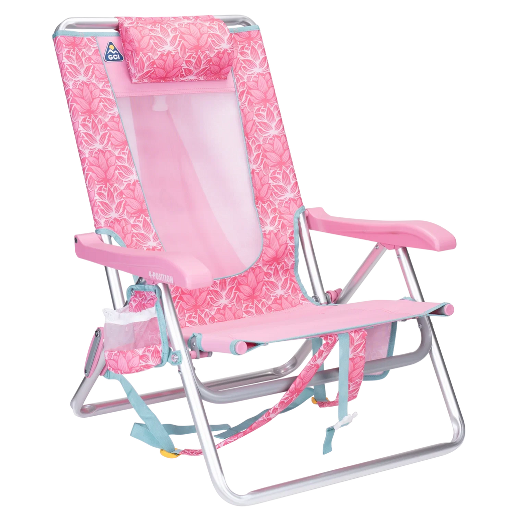 Front right angle of the Backpack Beach Chair in pink lotus print.