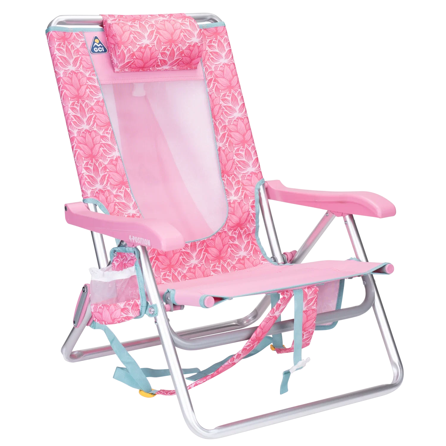 Front right angle of the Backpack Beach Chair in pink lotus print.