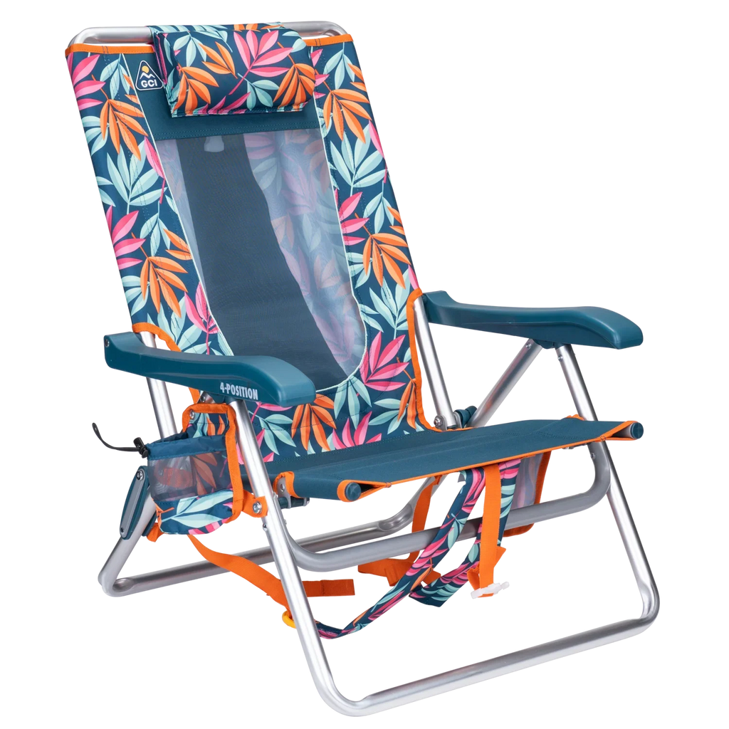 Front right angle of the Backpack Beach Chair in tropical escape print.