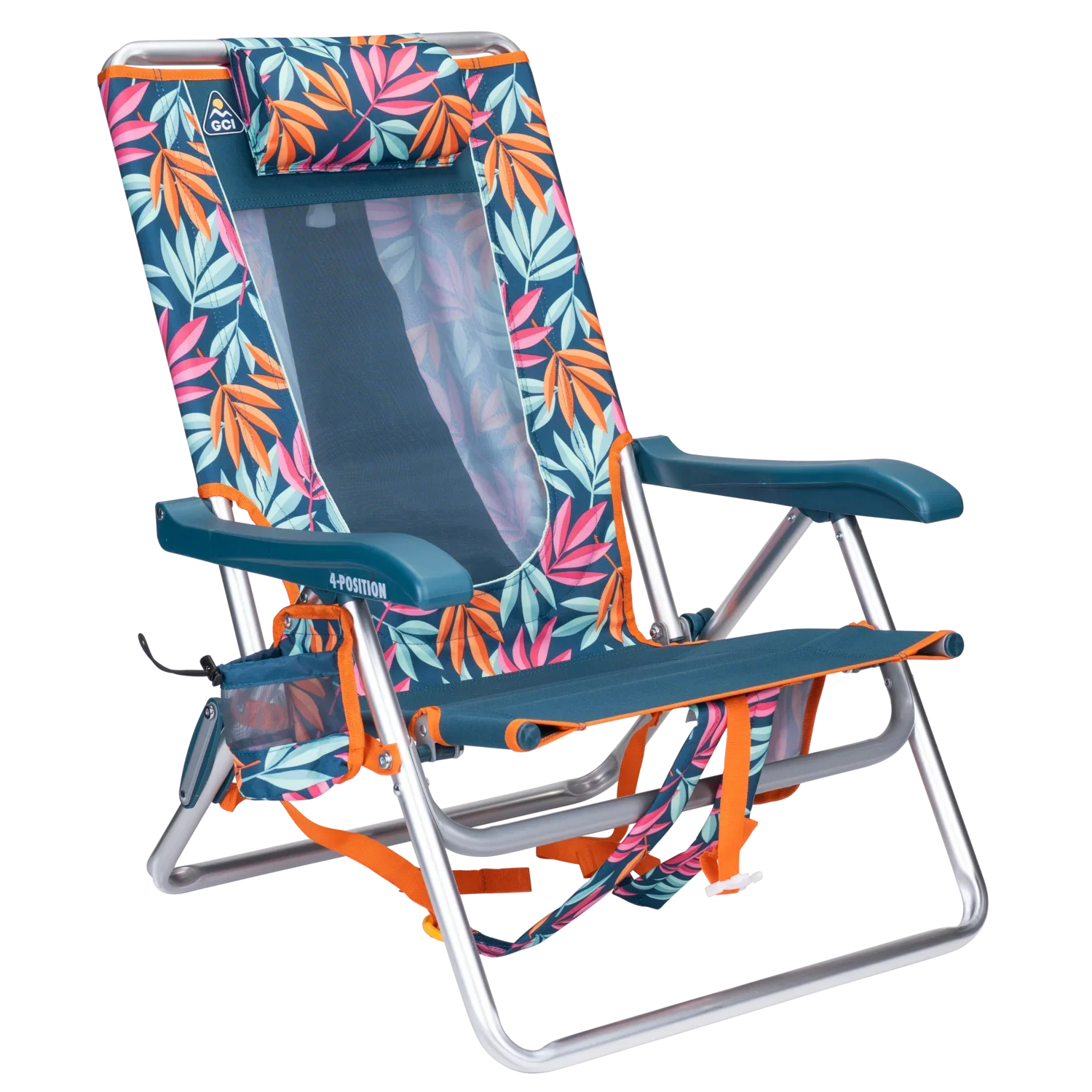 Front right angle of the Backpack Beach Chair in tropical escape print.