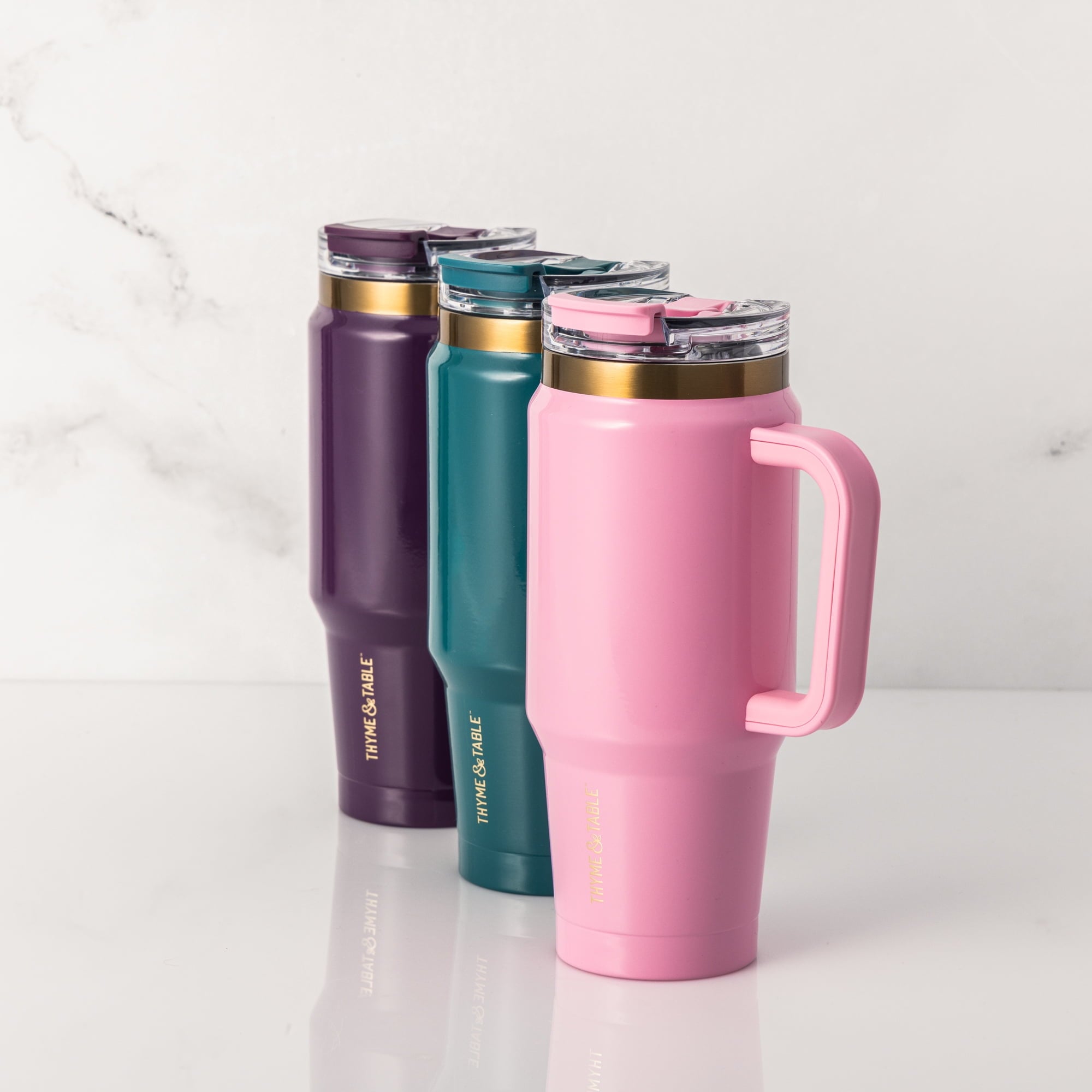 Thyme &amp; Table 32 fl oz Stainless Steel Luna Tumbler with Handle and Dual Straw Lid, Cream &amp; Black Check