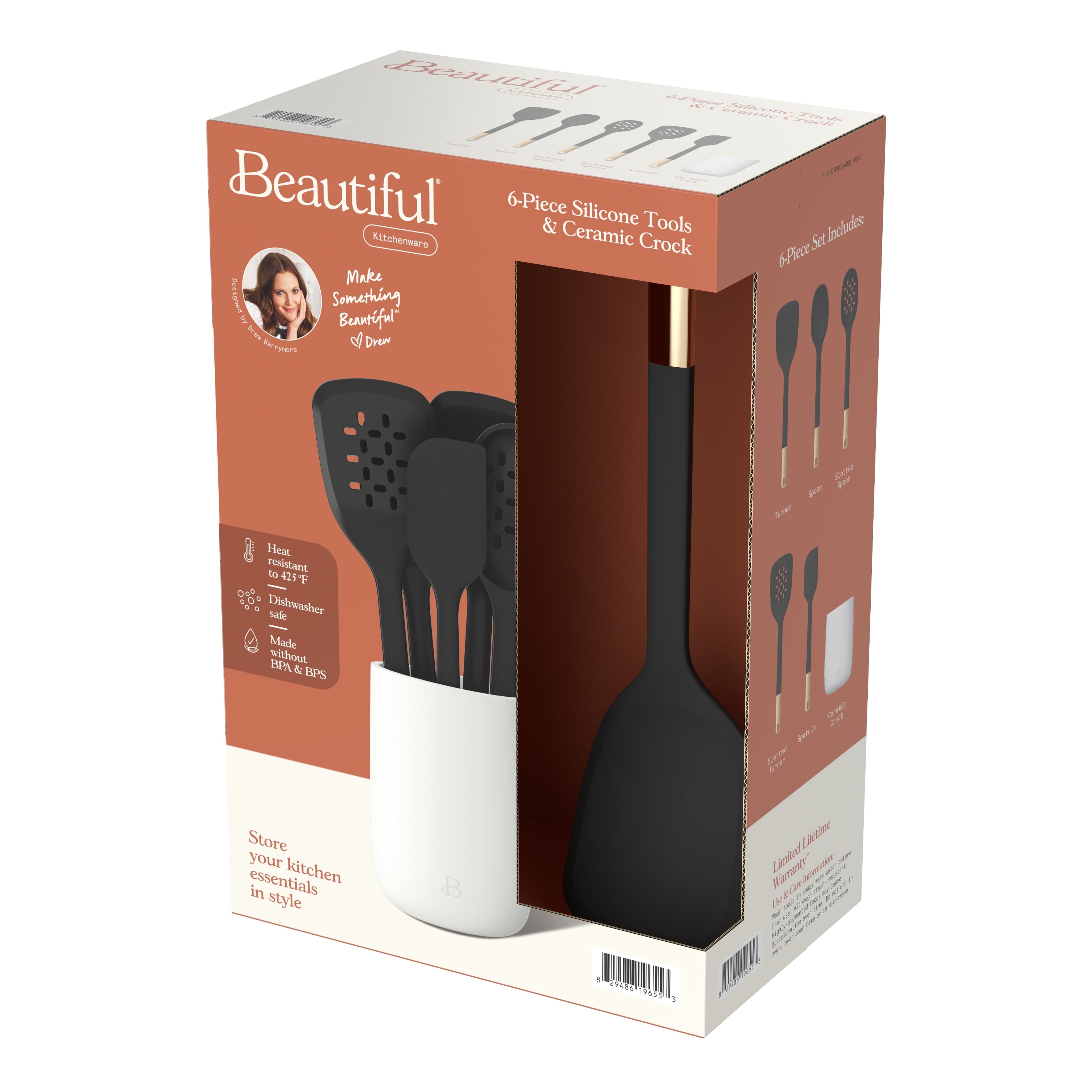 6-Piece Silicone Tool Set with Ceramic Crock, Porcini Taupe by Drew Barrymore