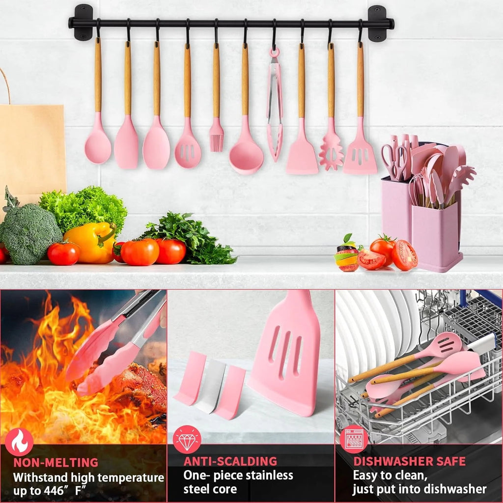 Silicone Cooking Utensils Set, BPA Free Pink Baking Tools Kitchen Knife 19 Pc