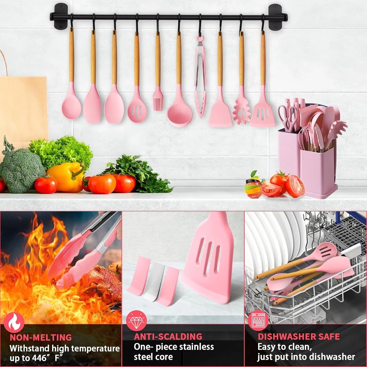 Silicone Cooking Utensils Set, BPA Free Pink Baking Tools Kitchen Knife 19 Pc